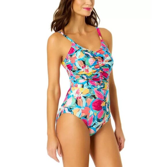 Anne Cole Women's V-Neck Shirred-Front One-Piece Swimsuit Floral Multicolor 16 - Picture 1 of 8